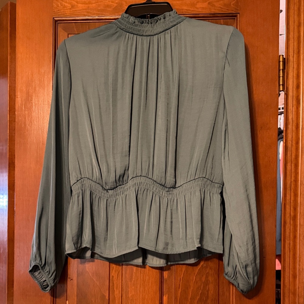 Nine West Sage Green Long-Sleeve Ruffled Peplum Blouse